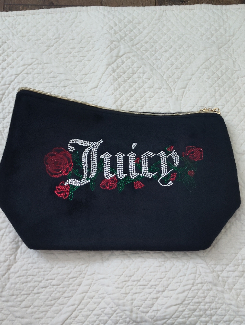 Juicy Couture Black Cosmetic Pouch with Rhinestone Logo and Red Rose Embroidery